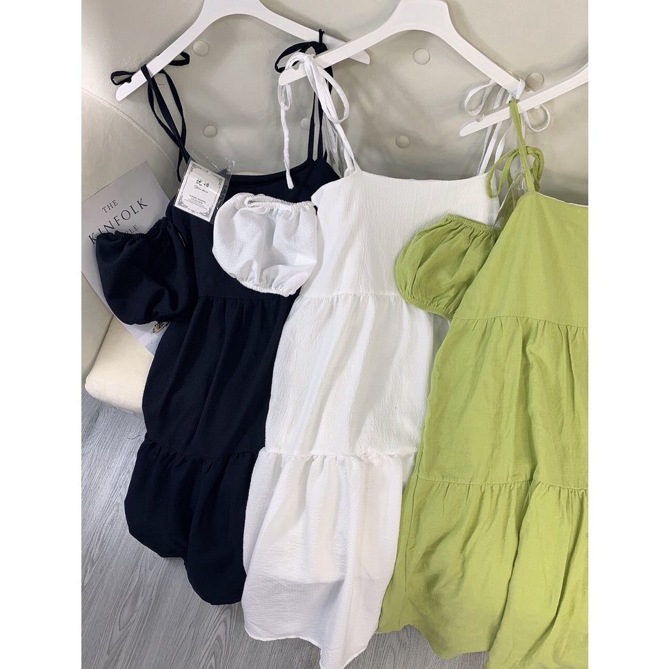 Váy Đũi Babydoll Dáng Dài Maxi 2 Dây Trễ Vai Tay Bồng Mặc Được 4 Kiểu - 2 Màu - V14
