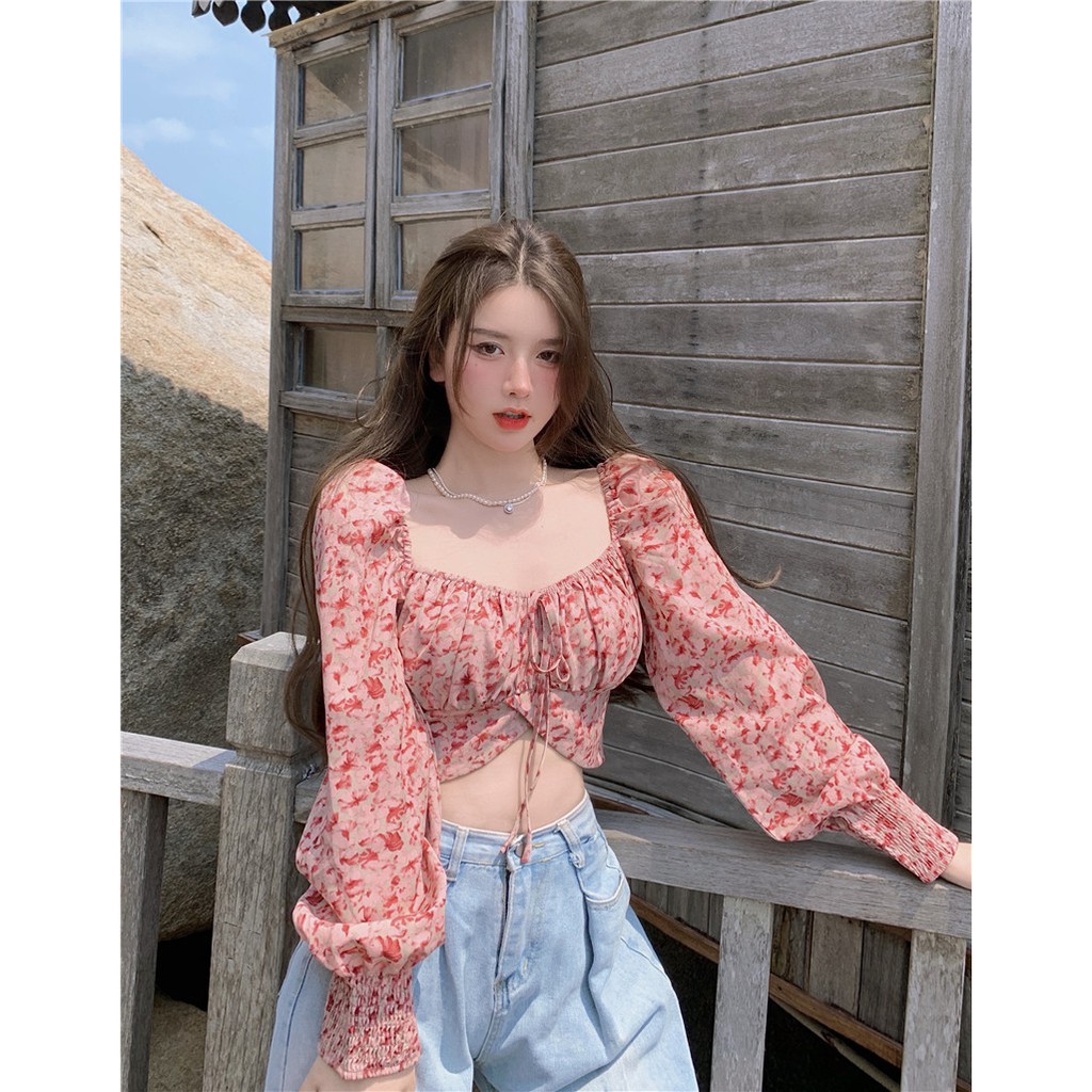 Cocory vn Áo croptop tay dài cổ vuông phối nơ cột đáng yêu cho nữ