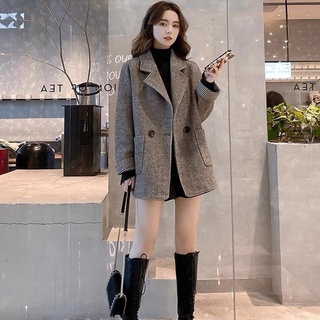 Áo khoác dạ áo dạ blazer nâu xương cá kẻ caro nhỏ phối tay tqxk 1 cúc 2 túi vạt cổ vest