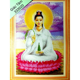 Tranh QUAN ÂM NGỒI TÒA SEN - 34x48cm - 333020 - PHẬT QUÁN THẾ ÂM BỒ TÁT BÔNG HOA tranh đã thành phẩm đã lên khung