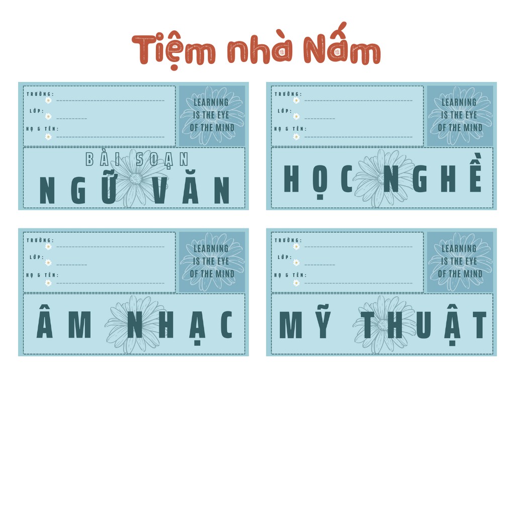 Combo Nhãn Vở Thiết Kế Theo Tên Môn Học, Hoa Cúc Xanh