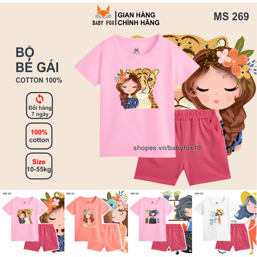 Bộ thun bé gái size nhỏ, trung, đại 100% cotton loại tốt, thương hiệu BABY FOX, in hình bé gái a