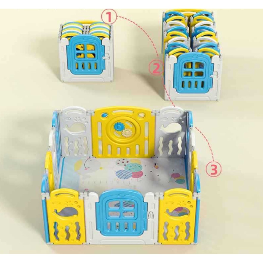 [VBABY30KQ] Quây cũi gấp gọn mẫu mới 2022 -  hình con cá (Tặng 100 Bóng + 1 Thảm Hai Mặt + Giỏ Đựng Bóng)