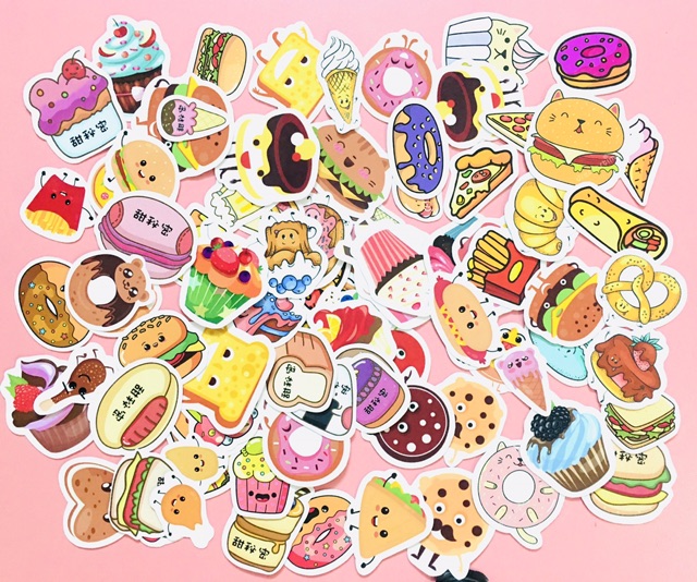 Bộ 30-50 Sticker hình bánh kem ép lụa  , Sticker food xinh dễ thương