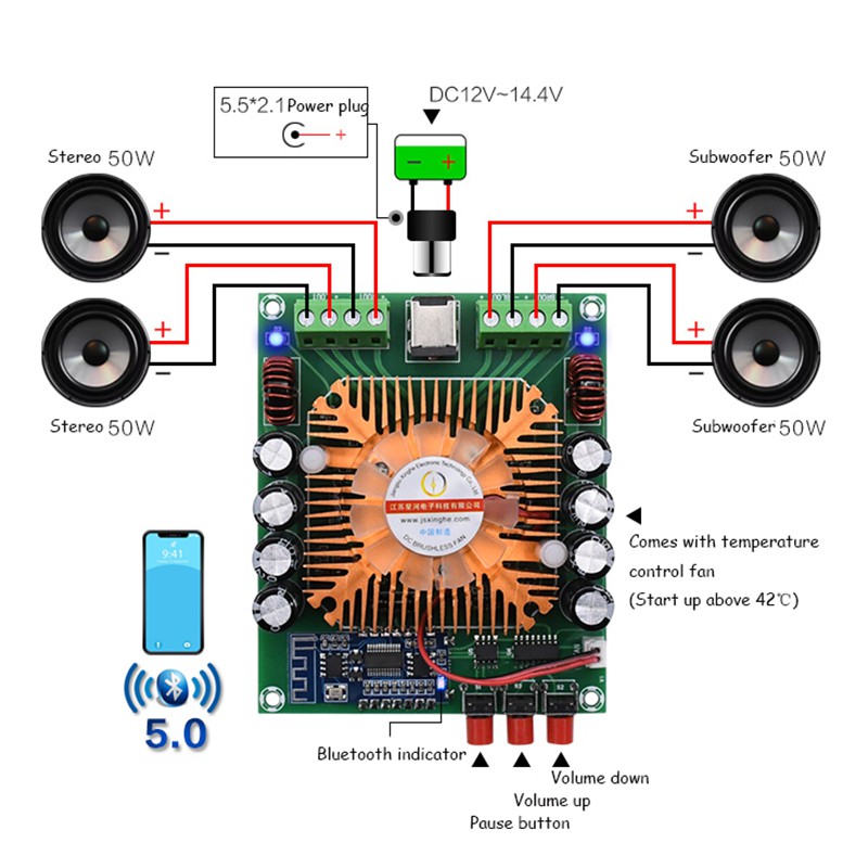 XH-A373 4 * 50W Bảng mạch khuếch đại công suất ô tô công suất cao TDA7850 Mạch tương tự Bluetooth 5.0 Mô-đun khuếch đại âm thanh BTL