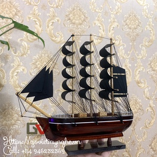 [Đã lắp ráp sẵn] Mô hình thuyền gỗ trang trí phong thủy - Thuyền Le Belem của Pháp - Dài 27cm - Buồm vải màu đen