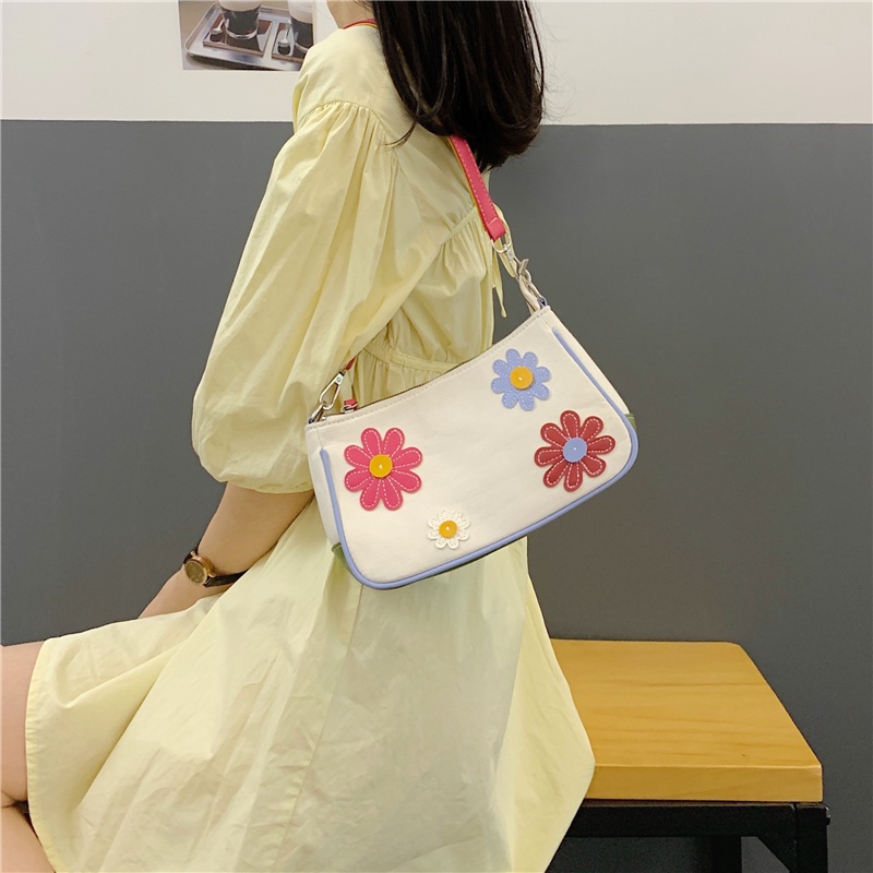 Túi IELGY đeo vai vải canvas họa tiết hoa màu sắc tương phản thời trang cho nữ