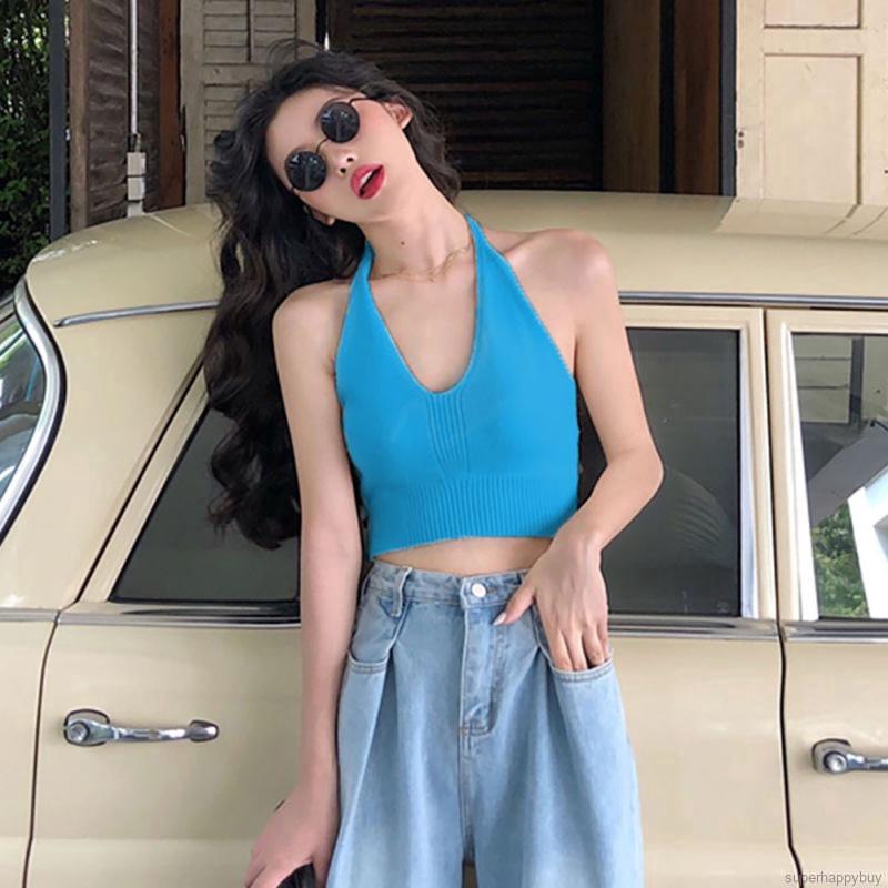 Women Sexy Tank Tops Hanging Halter Short  Korean Fashion Solid Color Camisole Tops