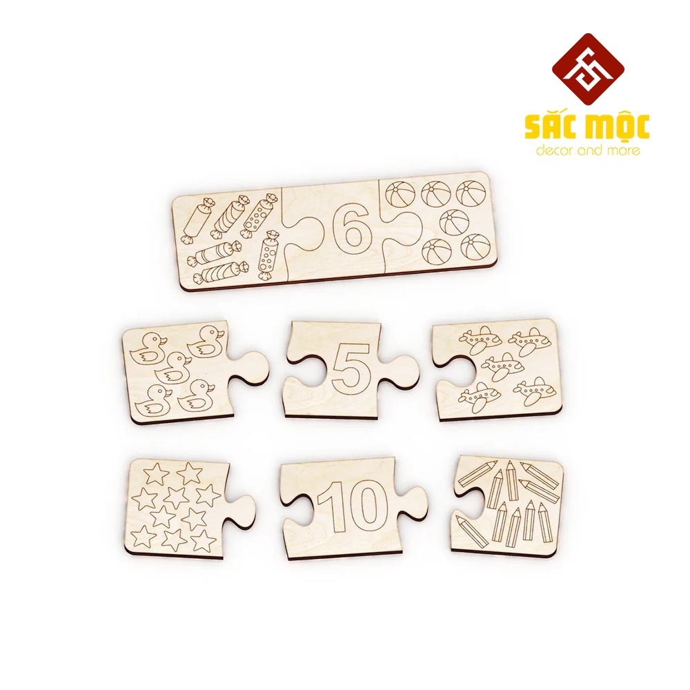 Thẻ Ghép Số Học Đếm #38 Bằng Gỗ từ 1 đến 10 | Thẻ Ghép Tô Màu Size 150*50*3mm