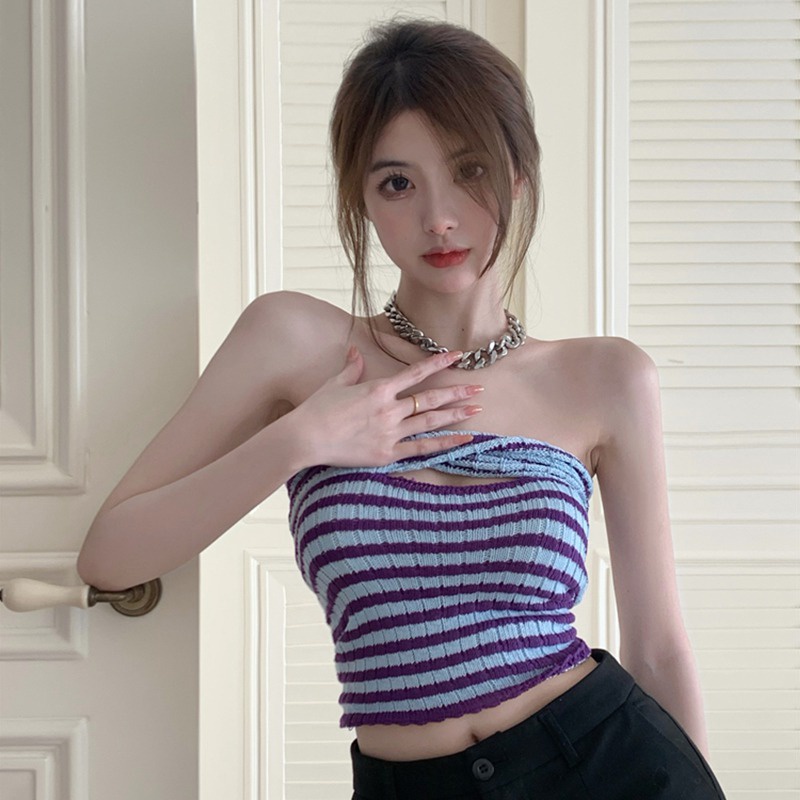Áo Lửng Hai Dây Hở Lưng Họa Tiết Kẻ Sọc Phong Cách Hàn Quốc Quyến Rũ Cho Nữ