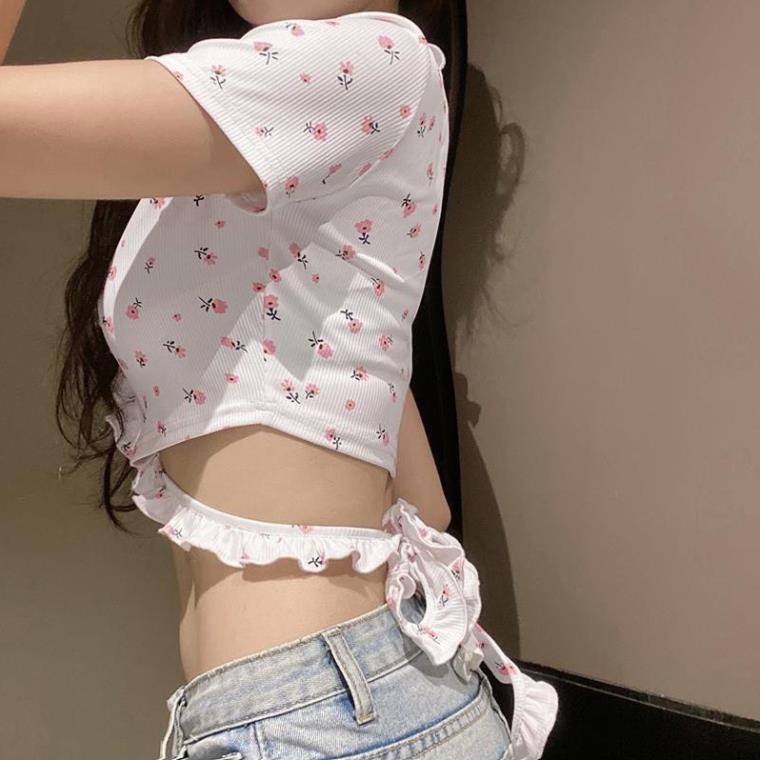 Áo Croptop kiểu Hàn Quốc Tay Ngắn Viền Bèo Đan Nơ Eo In Họa Tiết Hoa Và Bướm.mã A16
