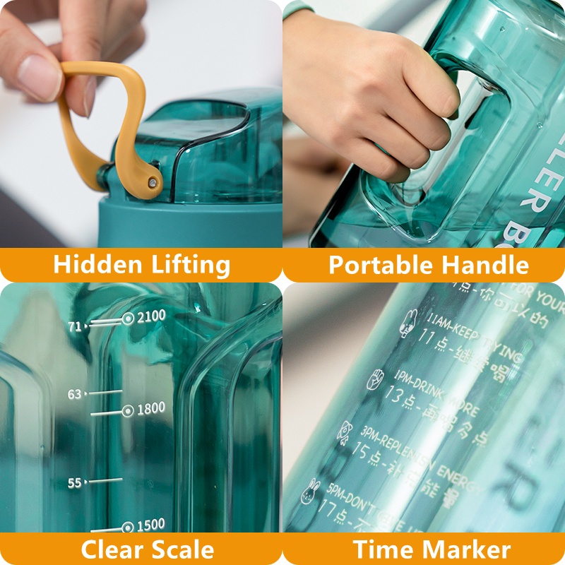 Bình Nước Tritan Không BPA Dung Tích Lớn Có Ống Hút Đánh Dấu Thời Gian Tập Thể Thao (1700/2700/3780ml)