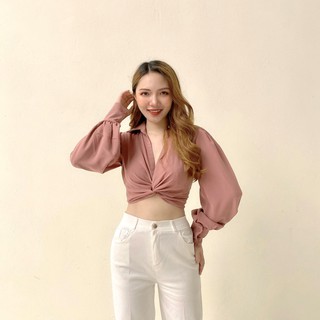 Áo sơ mi croptop xoắn eo