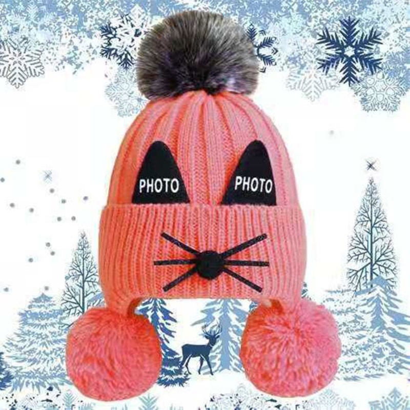 Mũ Beanie Dệt Kim Đính Bóng Lông Giữ Ấm Tai Thời Trang Thu Đông Cho Bé