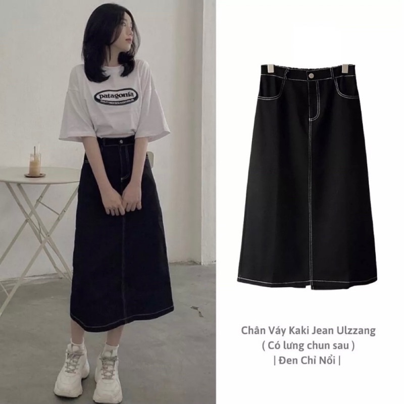 Chân váy jeans ulzzang dáng dài xẻ tà viền chỉ, chân váy bò dáng chữ A chun lưng