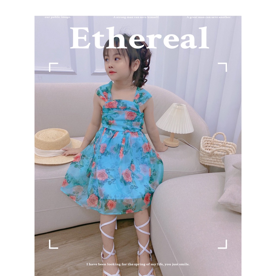 Đầm hoa nhí công chúa bé gái, váy tơ nhún xếp tầng ngực tiểu thư 2 lớp cho bé