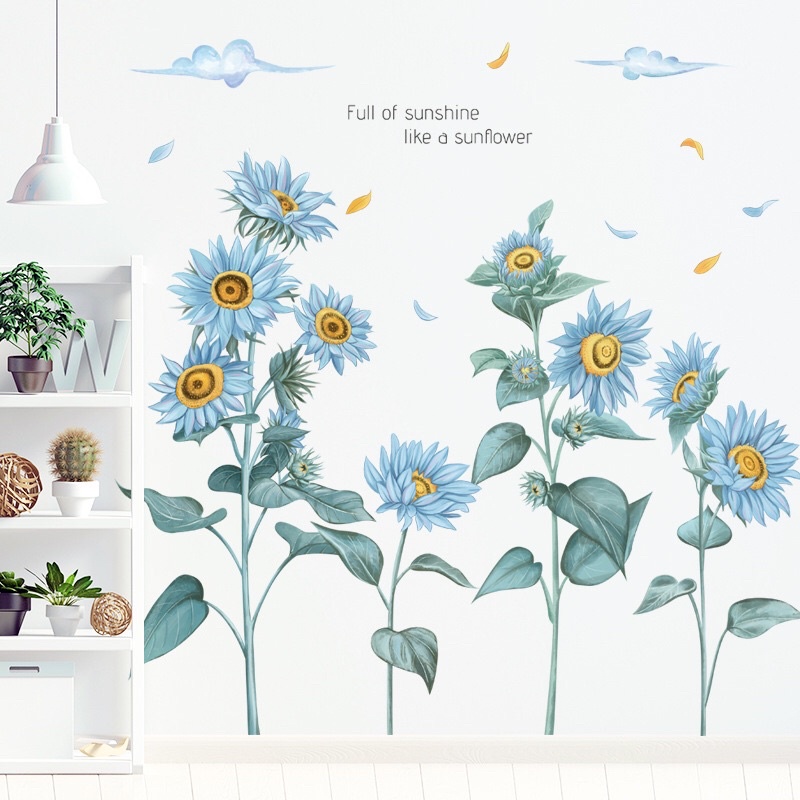 Decal hướng dương xanh phong cách hàn quốc, sẵn keo dán