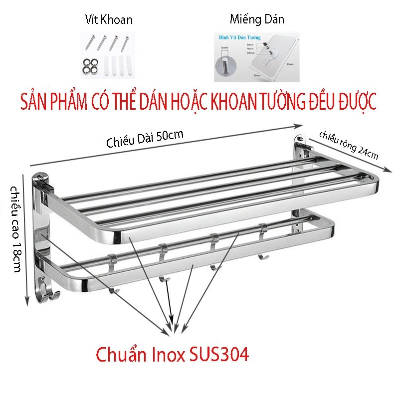 Kệ treo nhà tắm INOX SUS304 - Giá để đồ phòng tắm lắp đặt dán tường hoặc khoan tường - G304