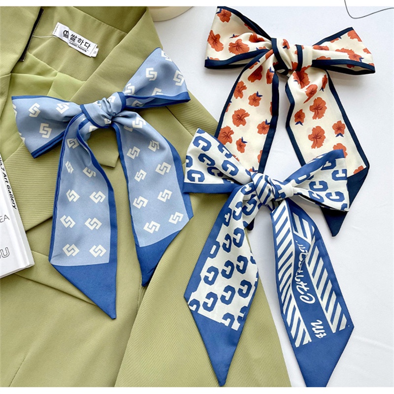 Bộ 5 Khăn Quàng Cổ / Băng Đô Cài Tóc / Khăn Quàng Cổ Thắt Nơ Ruy Băng Nhỏ Bằng Lụa Màu Xanh Dương Đa Năng