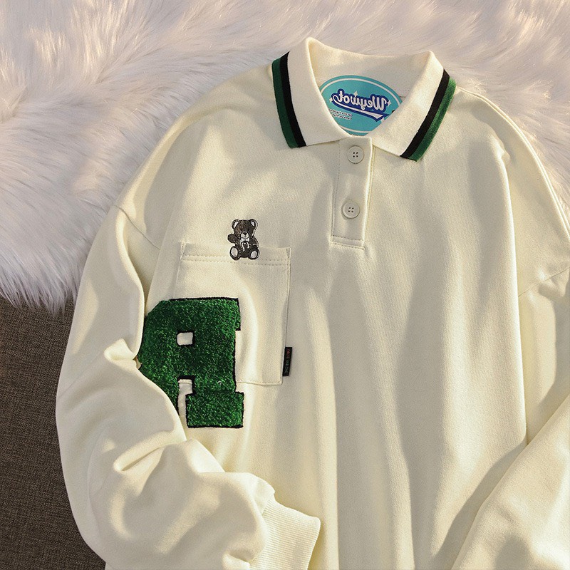 Áo Polo Sweater Nam Nữ Chữ P Cổ Bẻ Viền Tay Bồng Túi Ngực Con Gấu Uzzlang Unisex