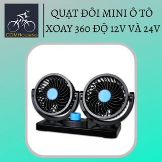 Quạt đôi mini làm mát ô tô xoay 360 độ 12v và 24v