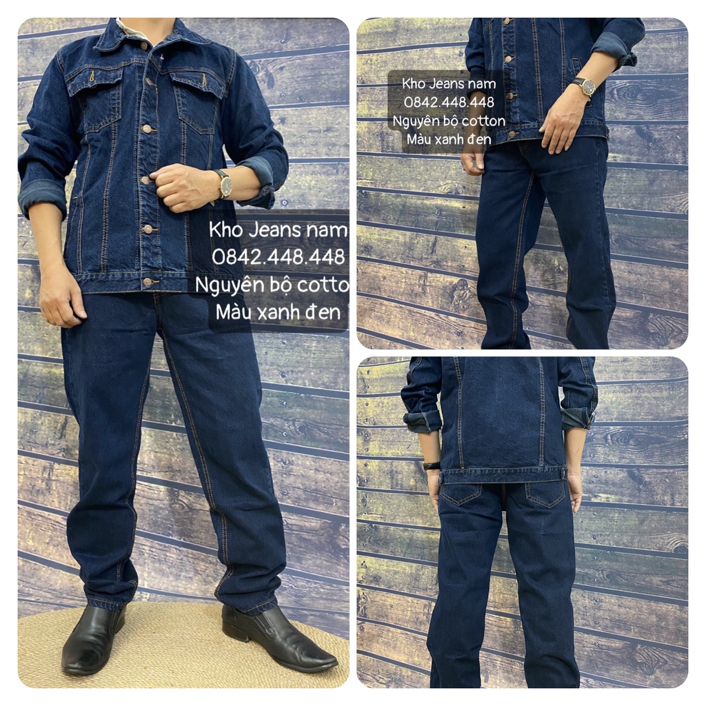 COMBO (Size 28 - 35) Nguyên bộ Jean Cotton XANH ĐEN, Áo Jean, áo khoác bò, Quần Jean Nam Ống Suông, Quần Bò Nam