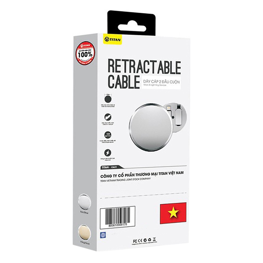 Sạc dây rút-Cáp sạc 3 đầu Titan 3 Trong 1 Chân & Micro-Hàng-Bảo Hành 12 Tháng