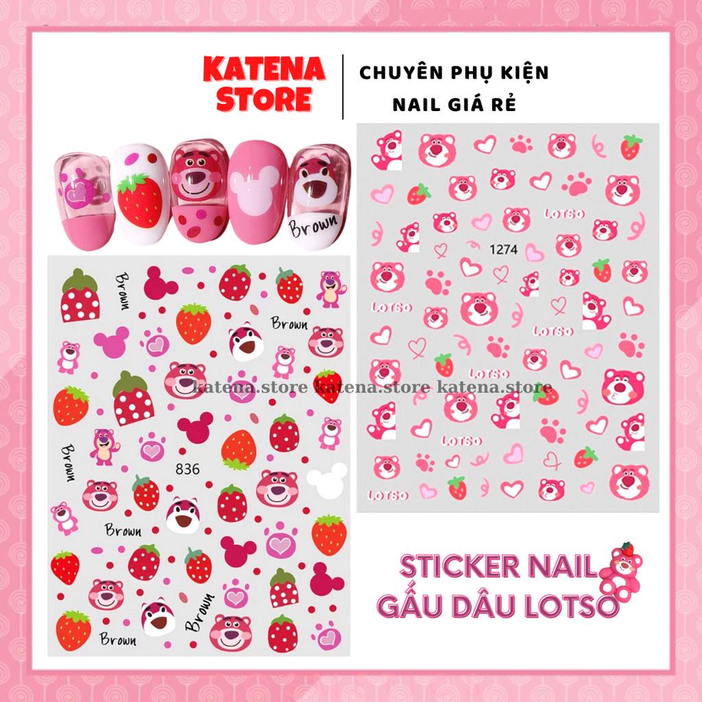 Sticker Dán Móng Tay 3D Dạng Decal Dán Chống Nước, Hoạ Tiết Gấu Dâu Lotso Strawnberry Bear