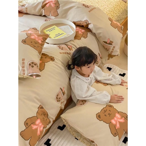 Sét Chăn Ga Gối Cotton Organic mẫu Gấu Bear nơ