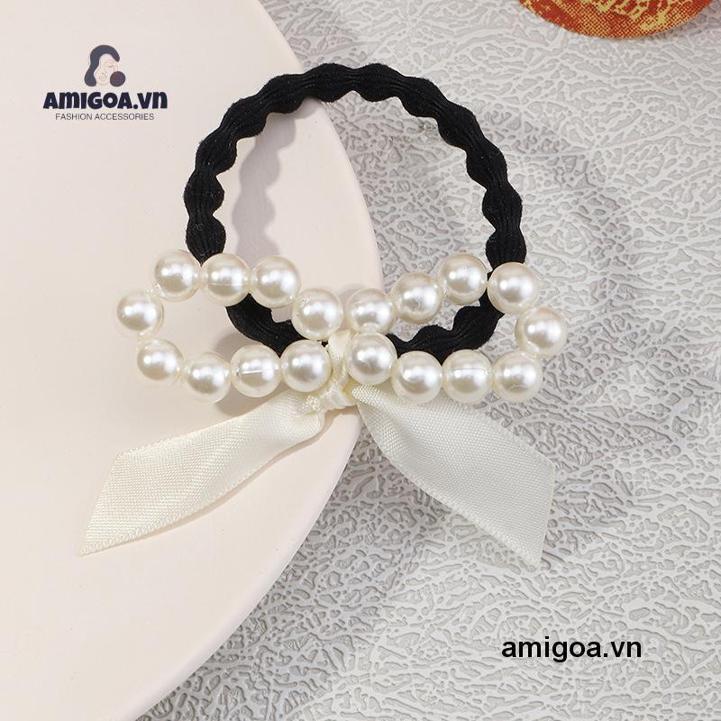 Dây Buộc Tóc Cao Su Co Giãn Thắt Nơ Đính Ngọc Trai Xinh Xắn Cho Nữ