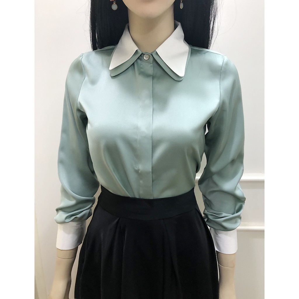 Áo sơ mi nữ cổ đức màu xanh 👉lụa đẹp👉 ảnh thật | BigBuy360 - bigbuy360.vn