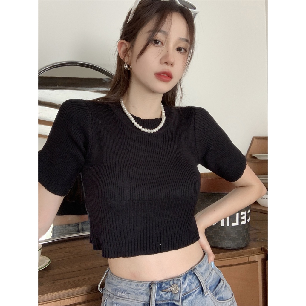 Áo Dệt Kim Tay Ngắn Dáng Ôm Phong Cách Hàn Quốc Thời Trang Cho Nữ