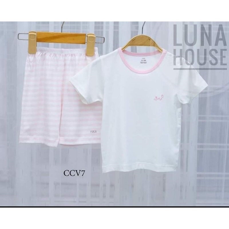 Nousbaby.Bộ cộc tay kẻ trắng hồng N524 Nousbaby Thanh lý