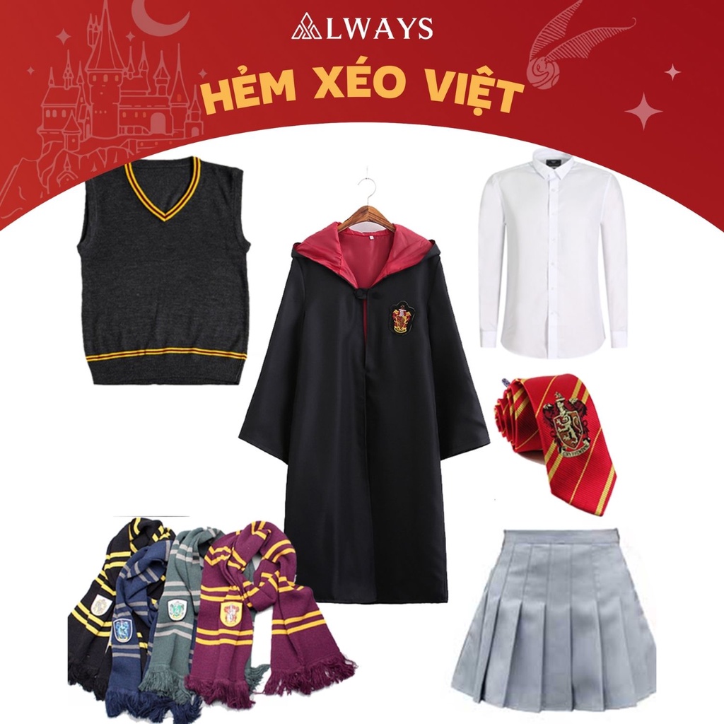 Áo choàng Harry Potter kèm cà vạt, sơ mi, ghile, váy và khăn dày - Trang phục Phù thuỷ hoá trang Harry Potter