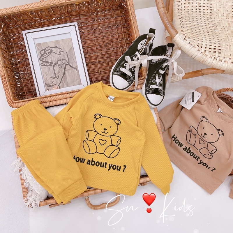 Bộ Quần Áo Thun Tăm Dài Tay In Hình Gấu Thu Đông Cho Bé sơ sinh đến 18kg