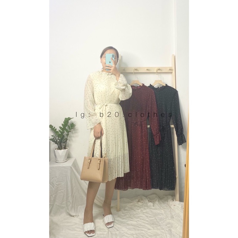 ĐẦM VOAN CHẤM BI 2 LỚP TAY DÀI THẮT NƠ EO