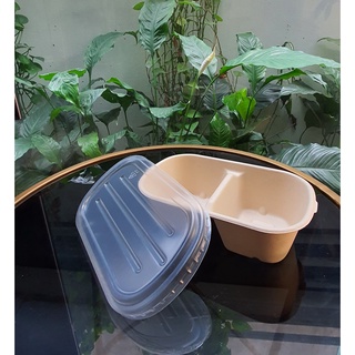 50 Hộp bã mía Oval 2 ngăn ( 700ml) nắp nhựa PP đục (195*115*56)
