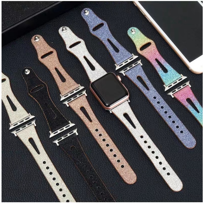 Dây Đeo Đồng Hồ Bằng Da Lấp Lánh 38mm 40mm 41mm 42mm 44mm 45mm Cho iWatch Series 7 6 5 4 3
