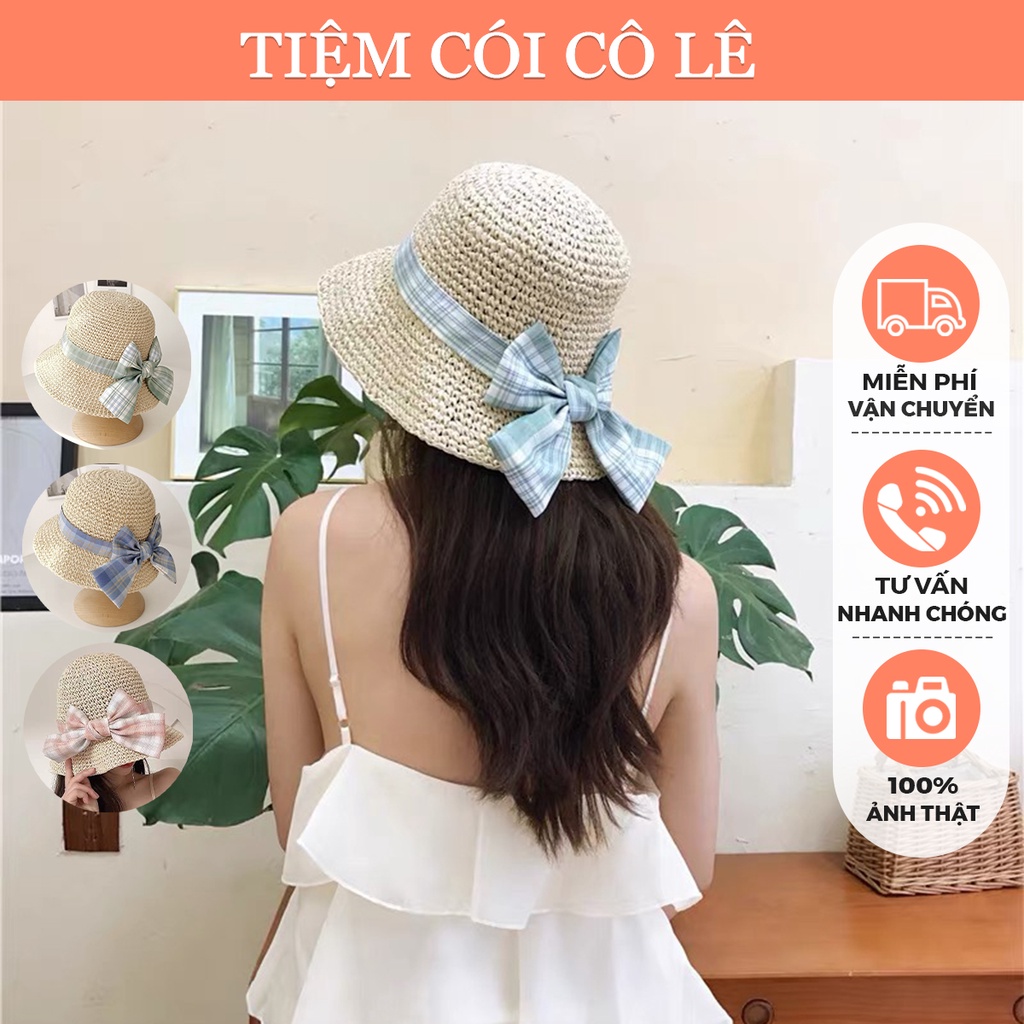 Mũ cói đi biển phối nơ kẻ xinh xắn dễ dàng gấp gọn - Tiệm Cói Cô Lê