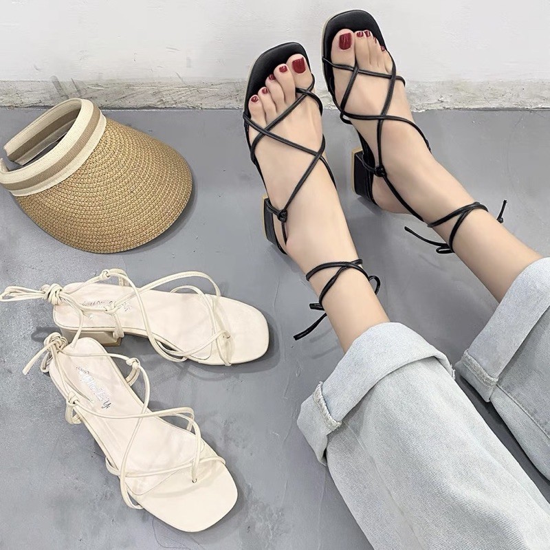 Sandal buộc dây đi biển gót vuông cao 4cm giành cho nữ