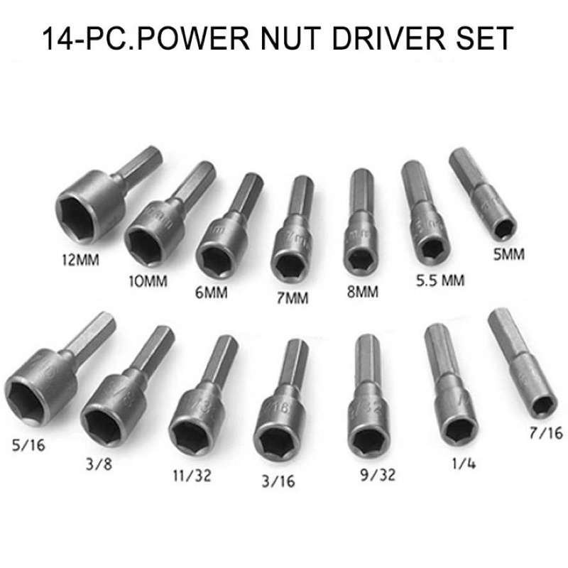 Bộ khẩu vặn ốc lục giác ❤️FREESHIP❤️ Bộ 14 đầu khẩu vặn ốc lục giác gắn máy khoan + 2 mũi vít