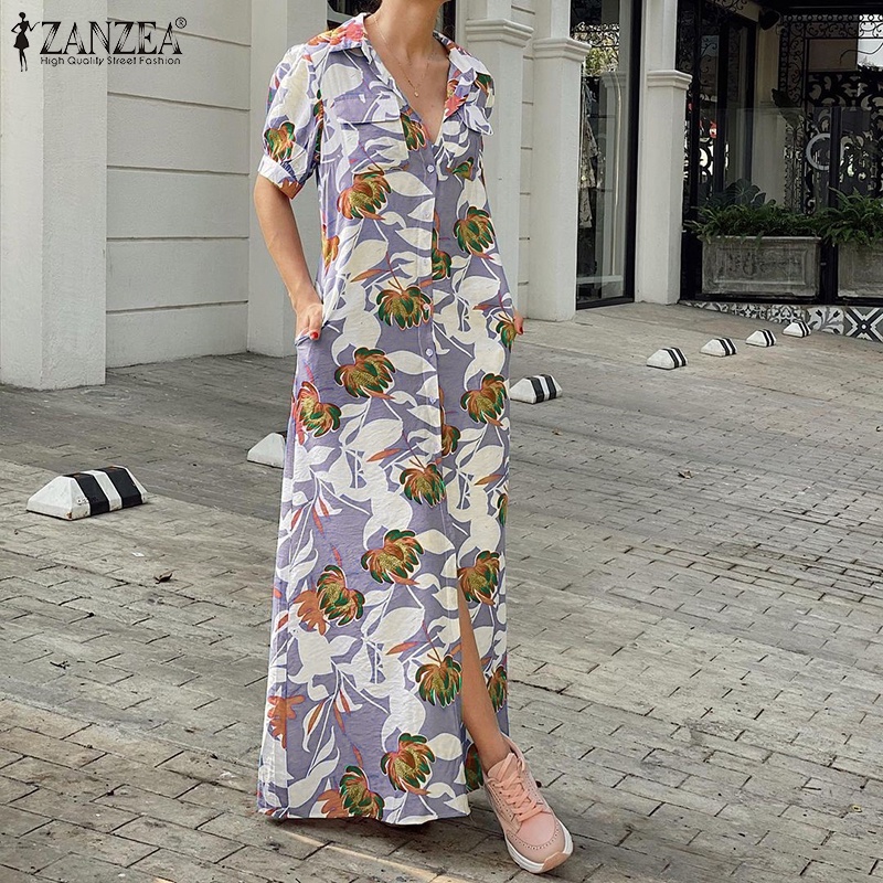 Đầm sơ mi ZANZEA tay ngắn hoạ tiết in hoa thời trang nữ tính thanh lịch