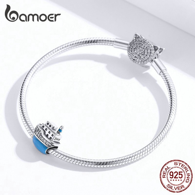 Hạt trang sức Bamoer SCC1379 bằng bạc 925 hình tàu du lịch dùng làm trang sức vòng tay thời trang 3mm