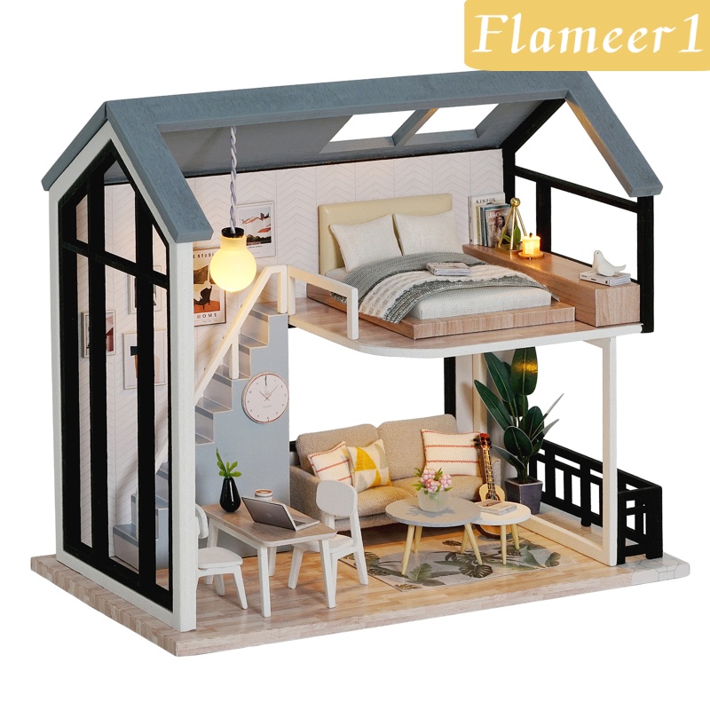 Bộ ngôi nhà búp bê DIY bằng gỗ mini tỉ lệ 1/24 kiểu 1 FLAMEER1