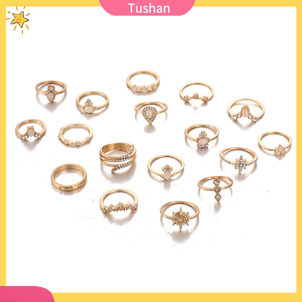 Set 17 Nhẫn Đeo Tay Đính Đá Phong Cách Bohemian Thời Trang Cho Nữ