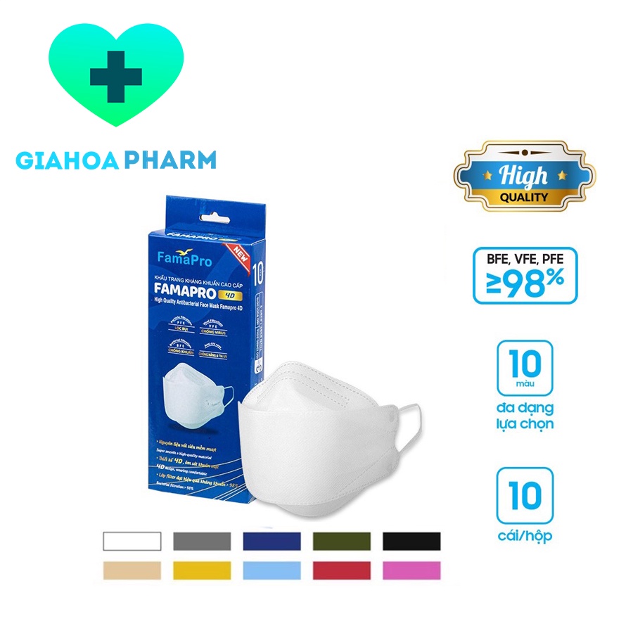 Khẩu trang y tế kháng khuẩn 4D Famapro 3 lớp kháng khuẩn (Thiết kế KF94) - Hộp 10 cái - Thời trang cao cấp, nhiều màu