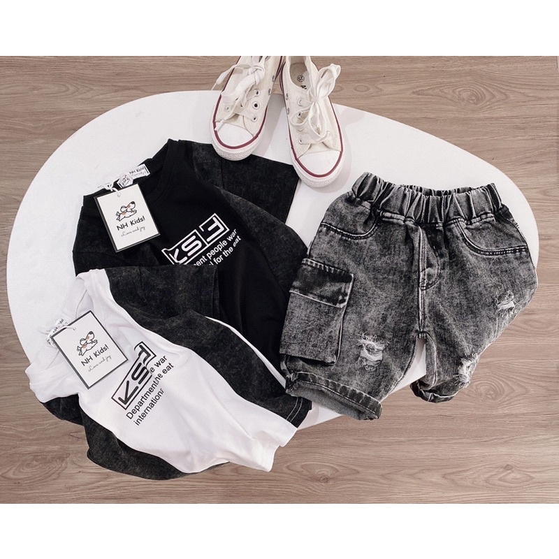 (jean baby) sét bộ áo phông cộc tay phối quần bò jean rách hàng qc đẹp