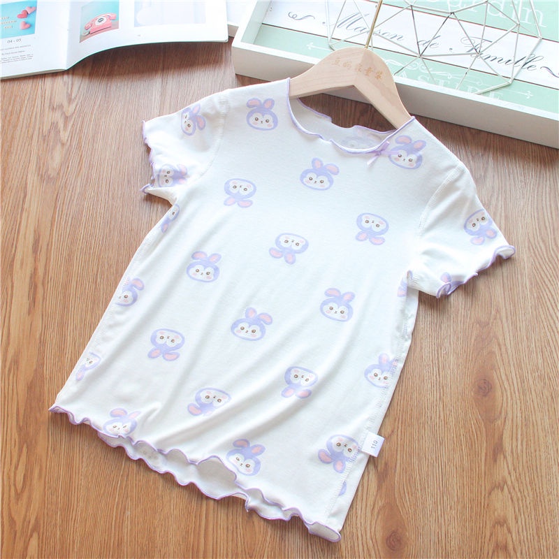 Bộ Đồ Ngủ Hai Mảnh Bằng Vải Lụa Lạnh Họa Tiết Thỏ Hoạt Hình Dễ Thương Thoải Mái Cho Bé