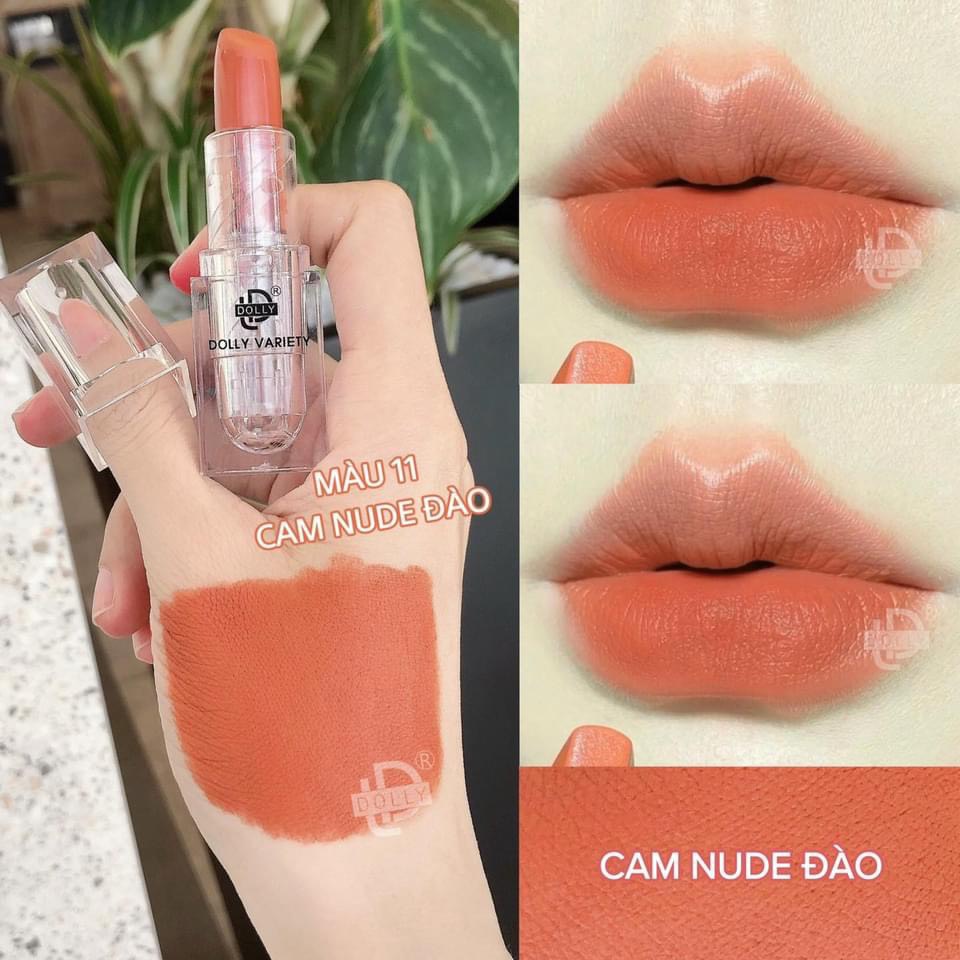 [11 Cam Nude Đào] Son Sáp Phủ Phấn Dolly Variety Colour Không Chì Siêu Lì Mềm Môi Vỏ Trong Suốt