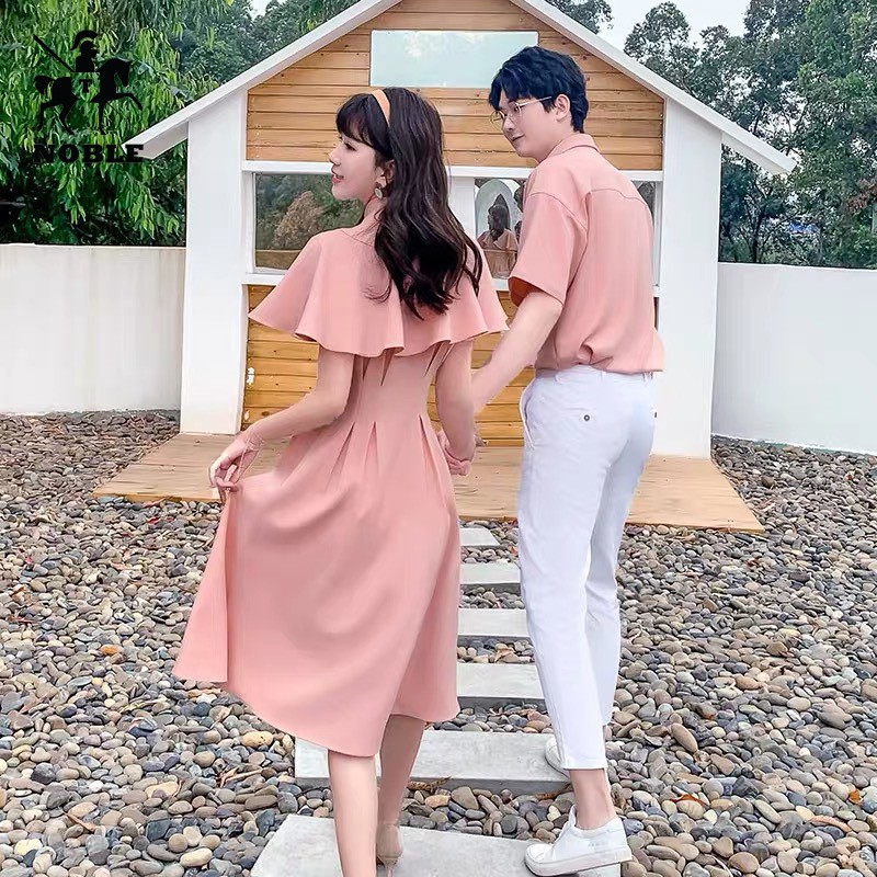 [Freeship] Set đồ đôi nam nữ couple sơ mi nam - đầm vai bèo phong cách châu âu thời trang Noble NB76 (Kèm ảnh thật)
